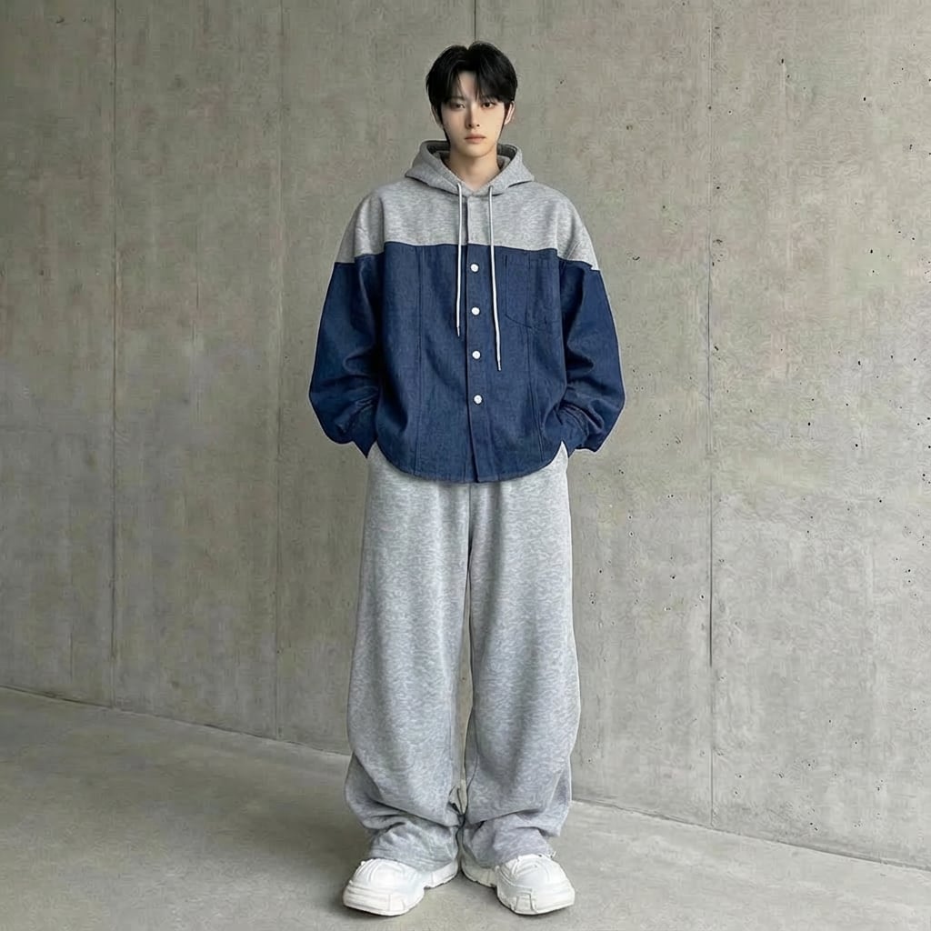 コントラストカラーフード付きスウェットシャツ&スウェットパンツセットアップ 2カラー D11931