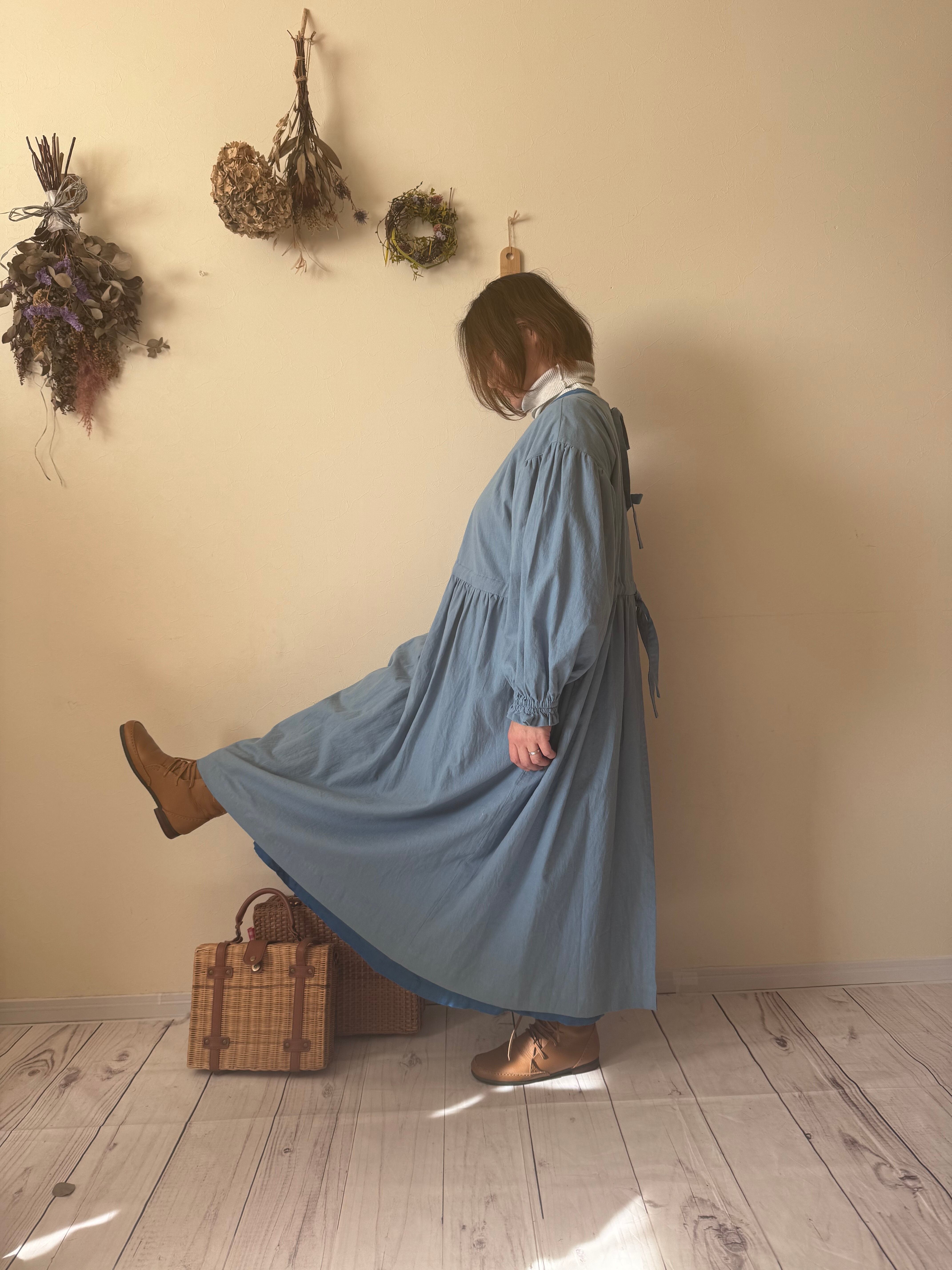 受注 麻綿割烹着ワンピース エクリュ | りすのお針子