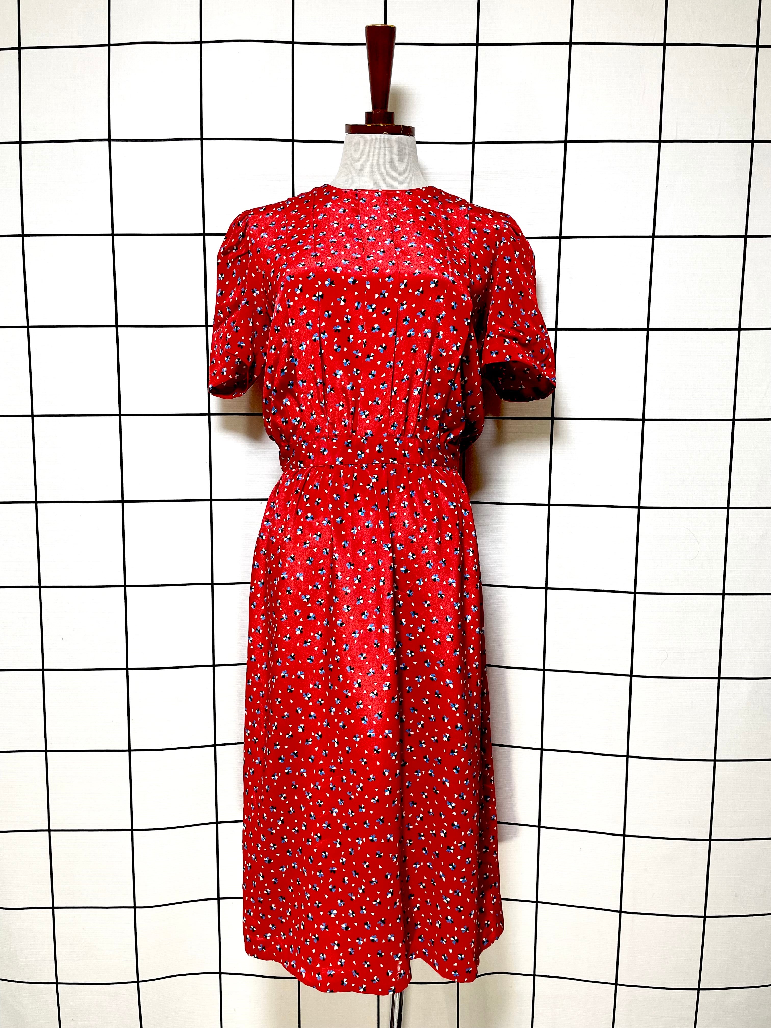 レトロ ヴィンテージ ワンピース レッド ギンガムチェック 花柄 レース