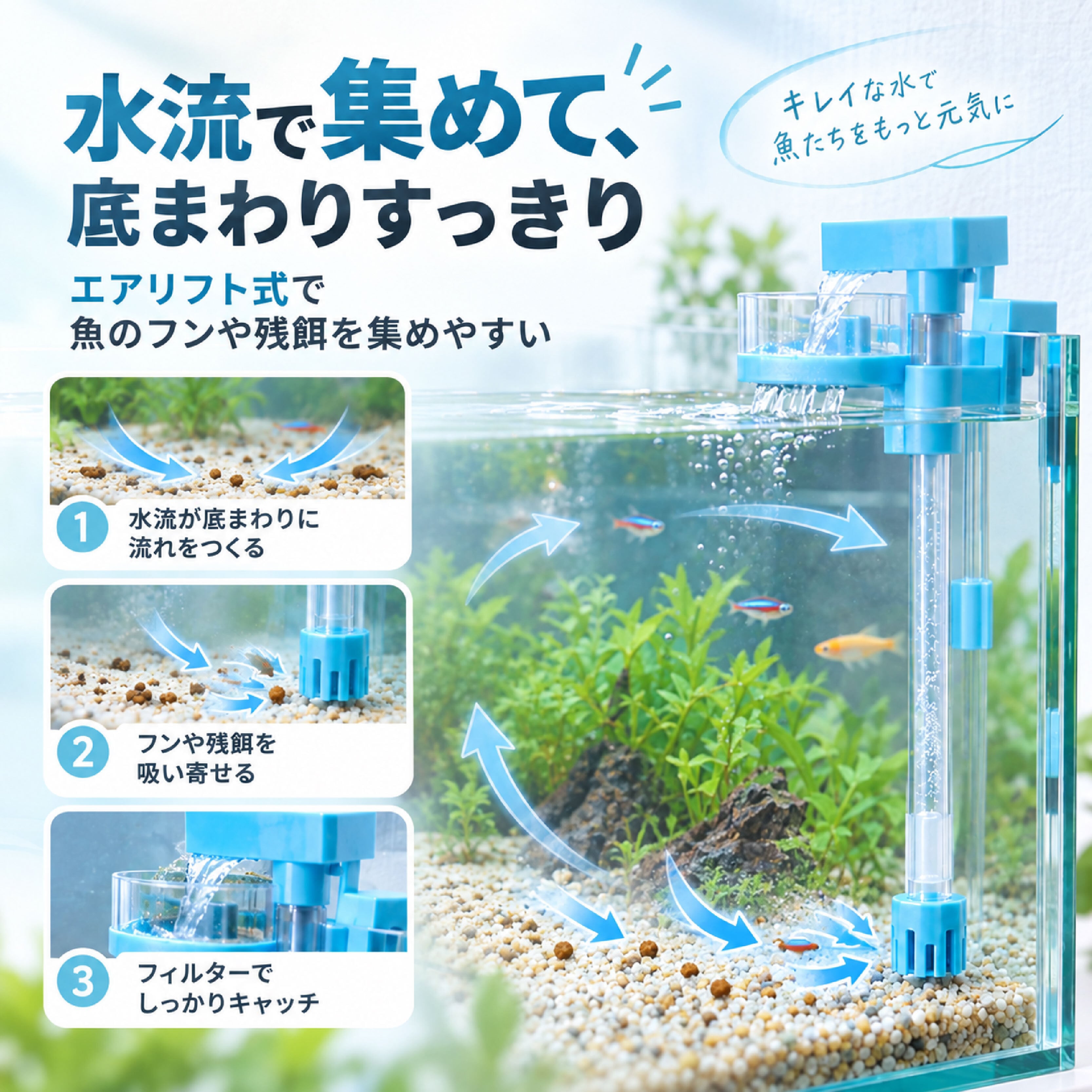 JY 1232 .エアリフト式水槽底部クリーナー 魚フン回収フィルター 水槽