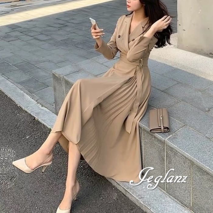 セミロング丈 ラップ ワンピース 切替 プリーツ きれいめ 3色(M5017)γα