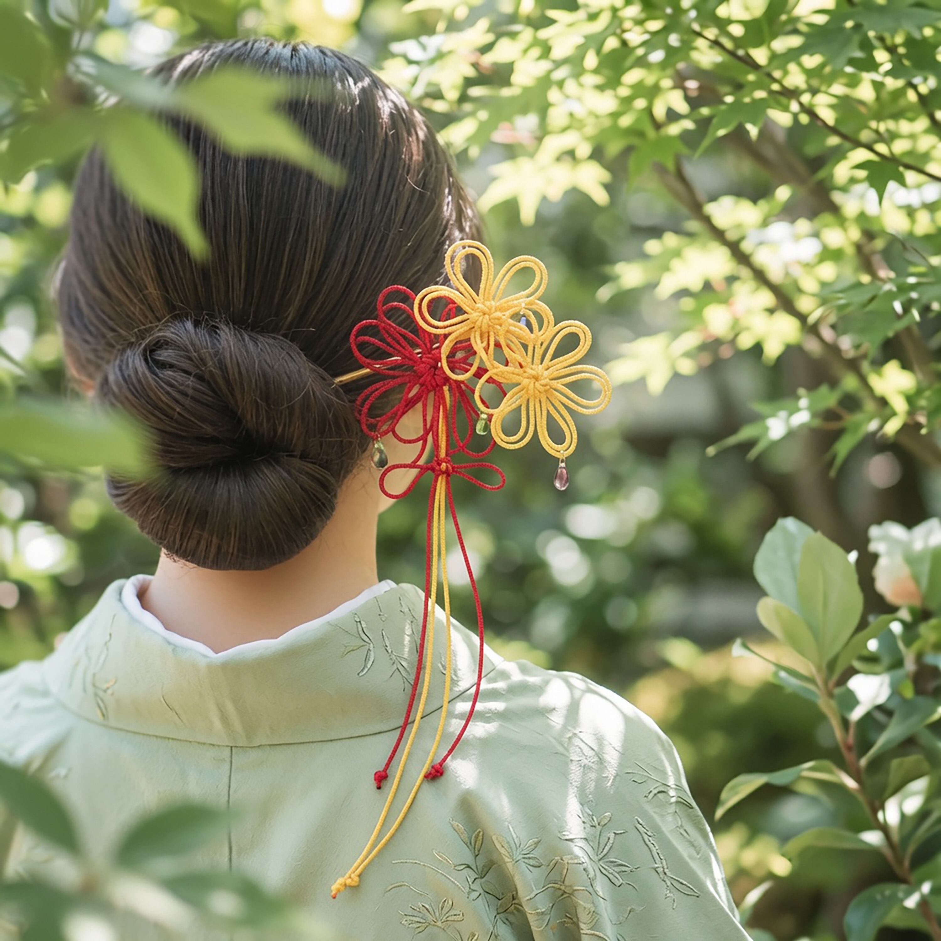 飾り結びかんざし「唄ほのか」(黄×赤)【軽量】浴衣・着物・フォーマルの和装ヘアに。