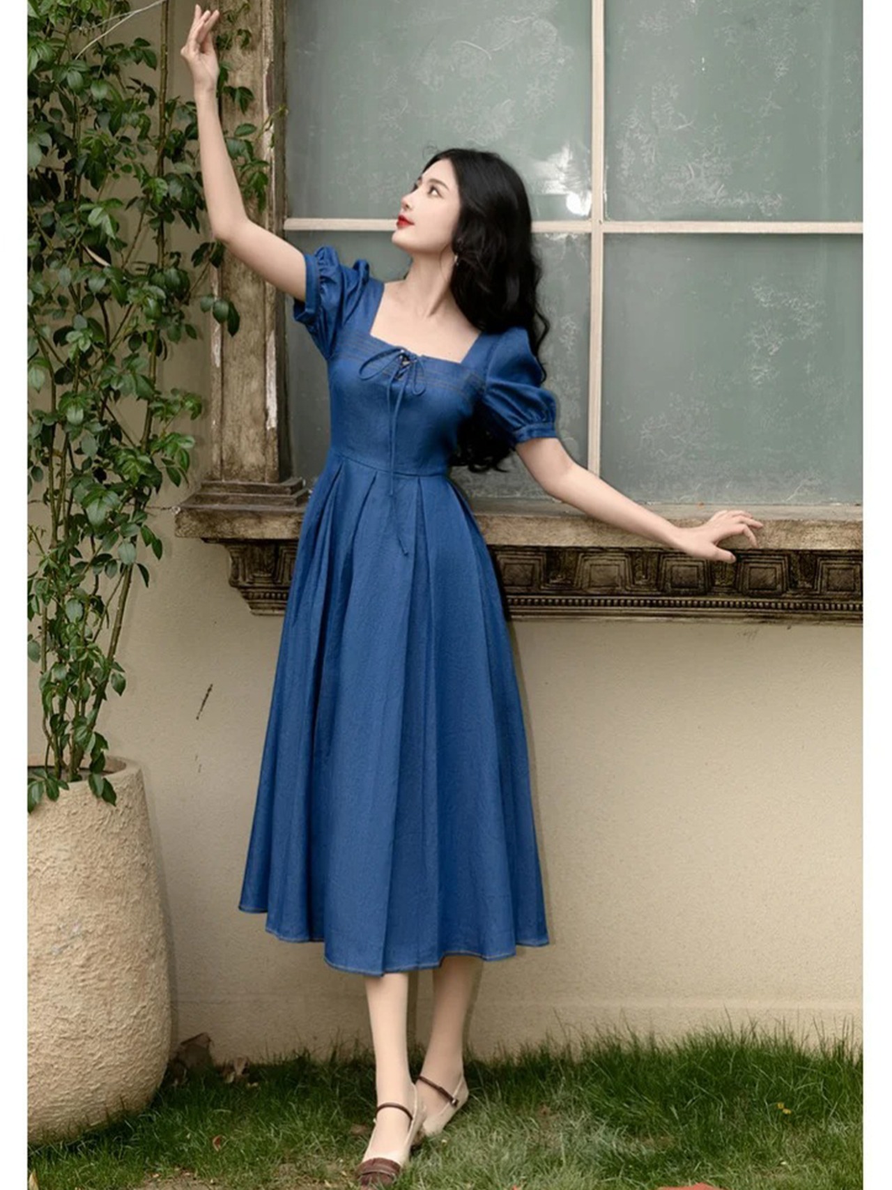 【0244】Denim Pleated Puff Short Sleeve Dress