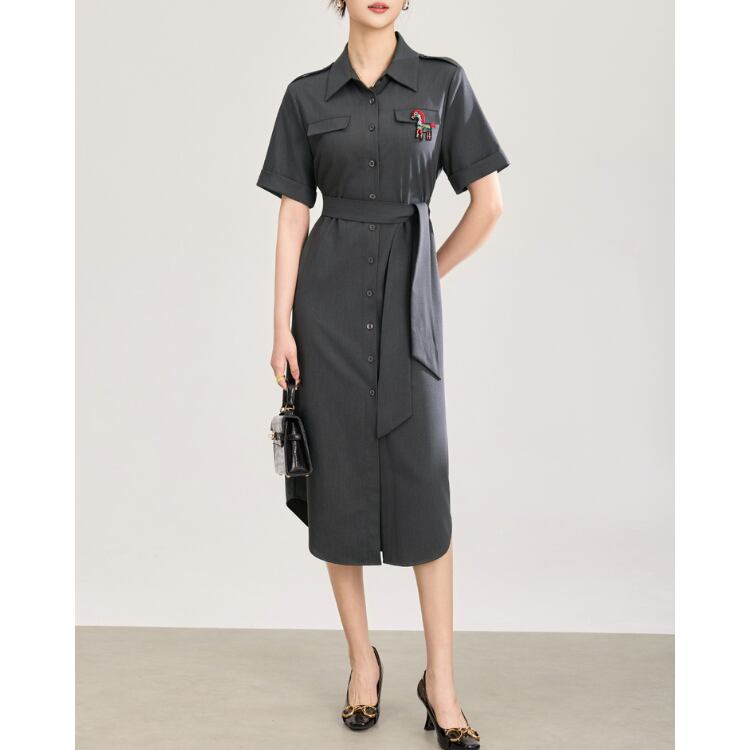 Silk Touch Shirt Dress Belted Midi Office Style 2Colors 2604007
