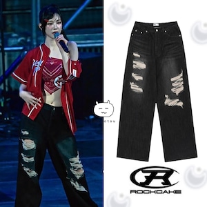 ★aespa カリナ 着用!!【ROCKCAKE】Faye Damage Jeans - Black
