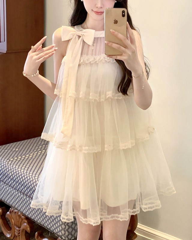チュールレースティアードリボンワンピース　2506052