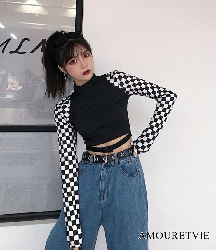 Tシャツ カットソー 白黒 チェック柄 モノトーン ピープス カジュアル オルチャン 韓国ファッション 926 Amouretvie 韓国系 モード系 個性的ファッションの通販サイト