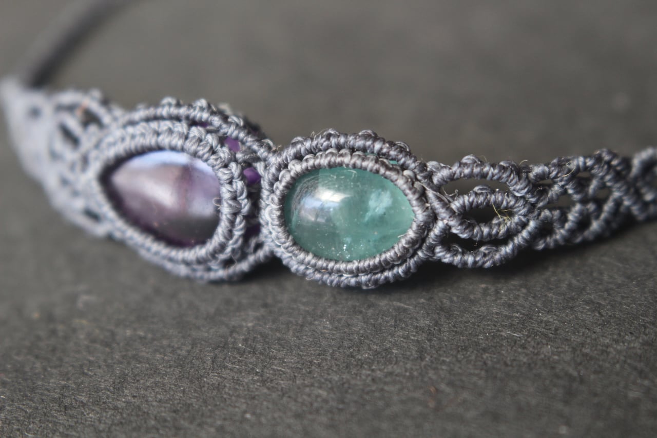 Trapiche amethyst & Green Fluorite micro macrame bracelet