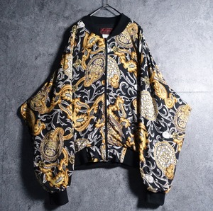 90s Black Ornament Pattern Design Rayon Short Blouson