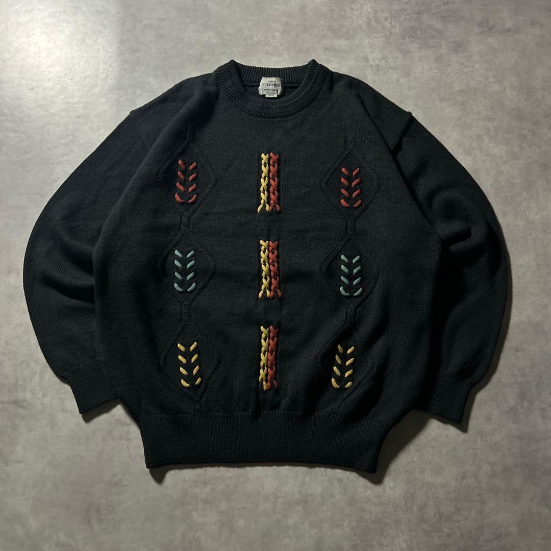 ヴィンテージ ブラック ケーブル マルチカラー レトロ デザイン ニットセーター