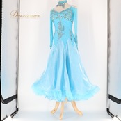 社交ダンス 衣装 スタンダードドレス ワンピース ドレス ブルー系 ウィッシュプラス Wish plus 水色 レース フリル デモ 競技 ダンス パーティ 発表会 おしゃれ 女性用 競技用 発表会用 お洒落