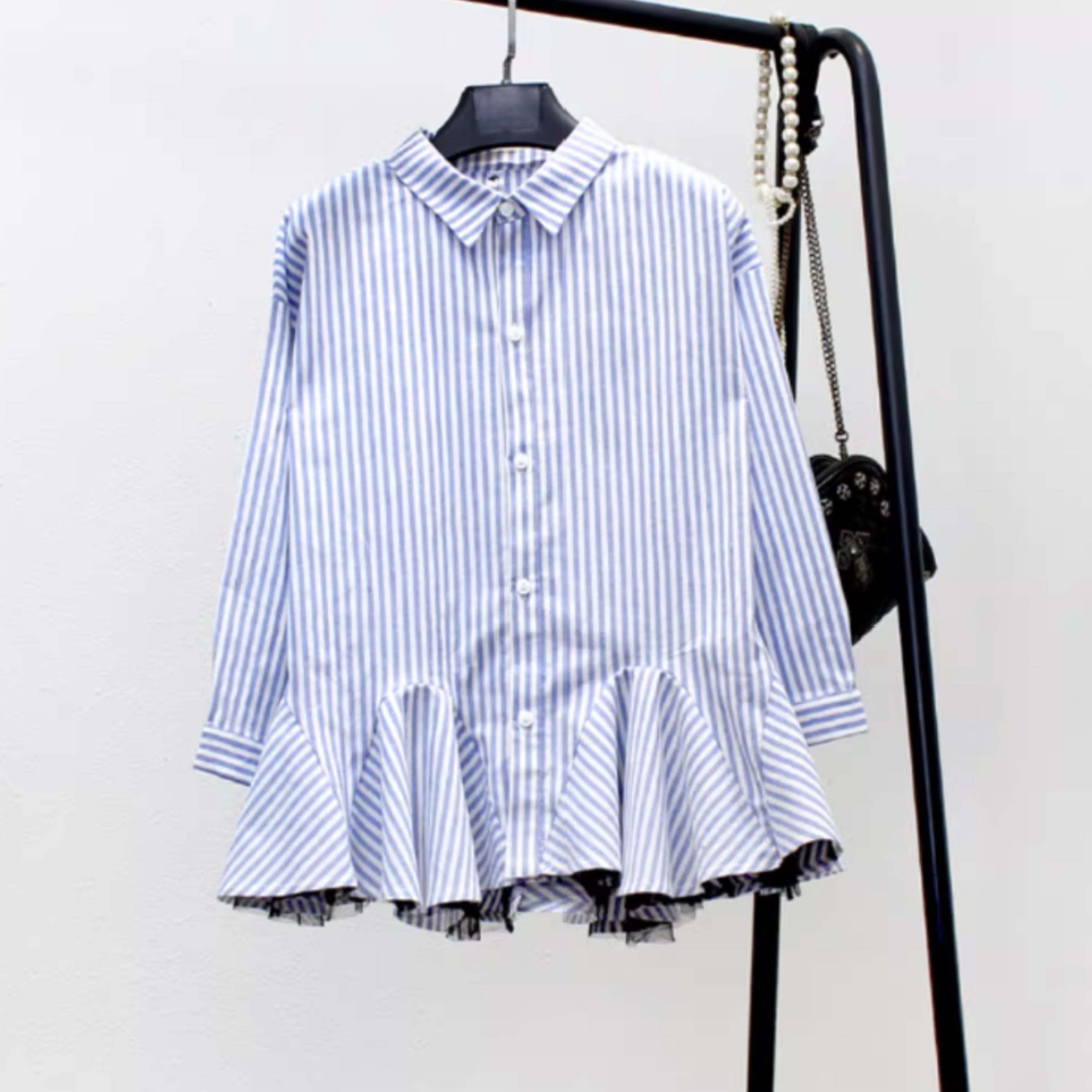 ストライプ裾チュールシャツ r001295