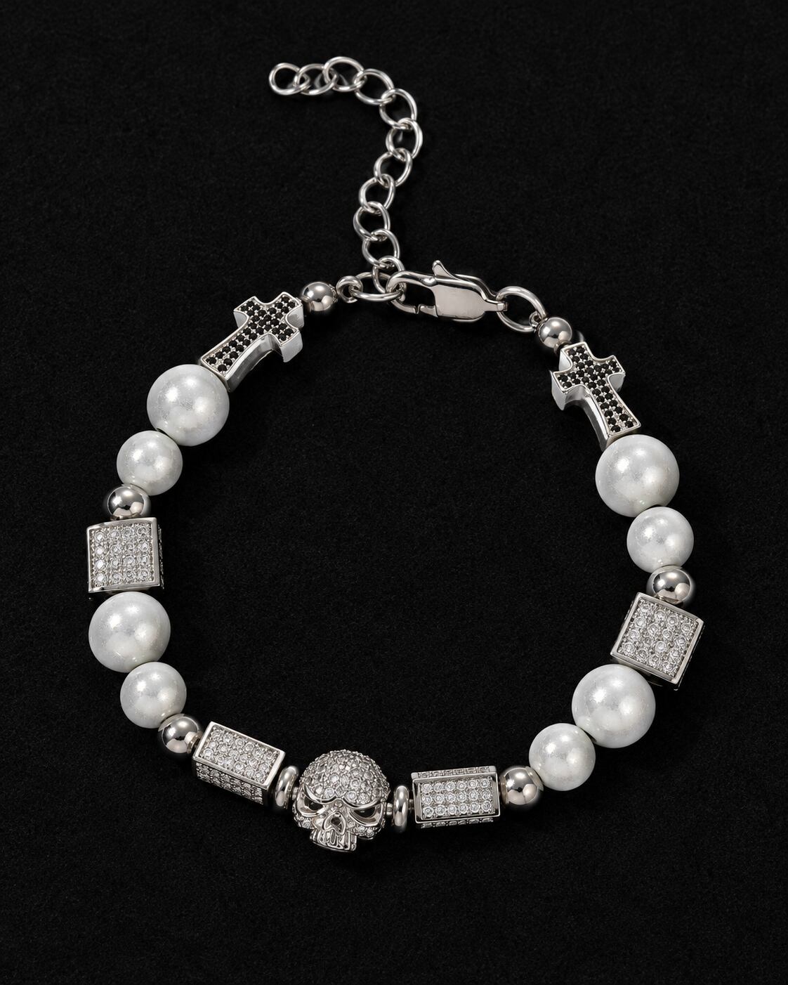 Skull Pearl Chain Bracelet -Silver-