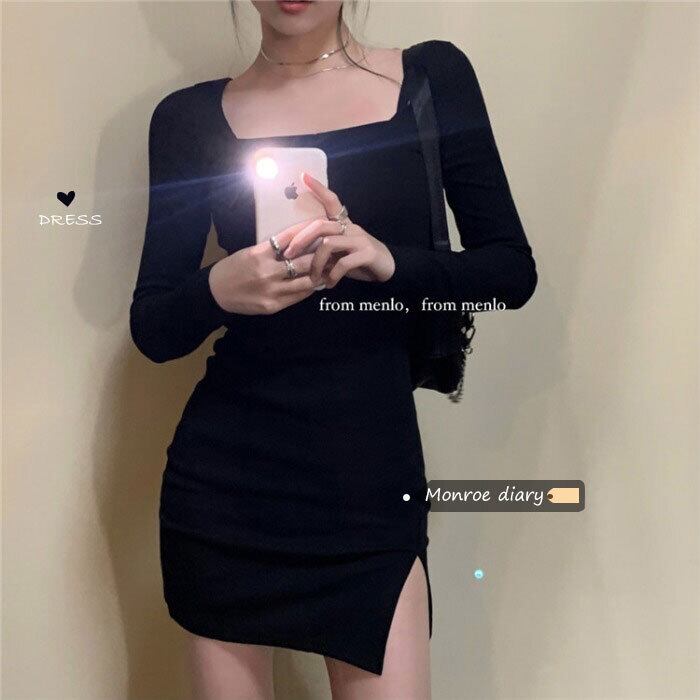 スタンダードカラードレス スプリング薄手スカート ブラックスリムショート レトロ 春物 スクウェア モンロー75902116745