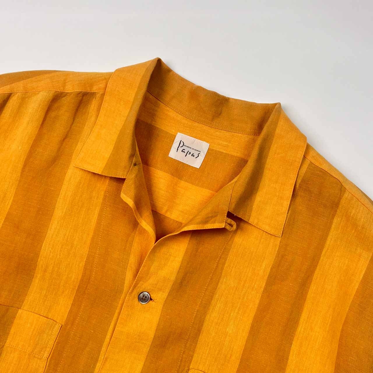 リネン100% Papas パパス ストライプ 半袖 オープンカラーシャツ M/イエロー系 メンズ アロハシャツ