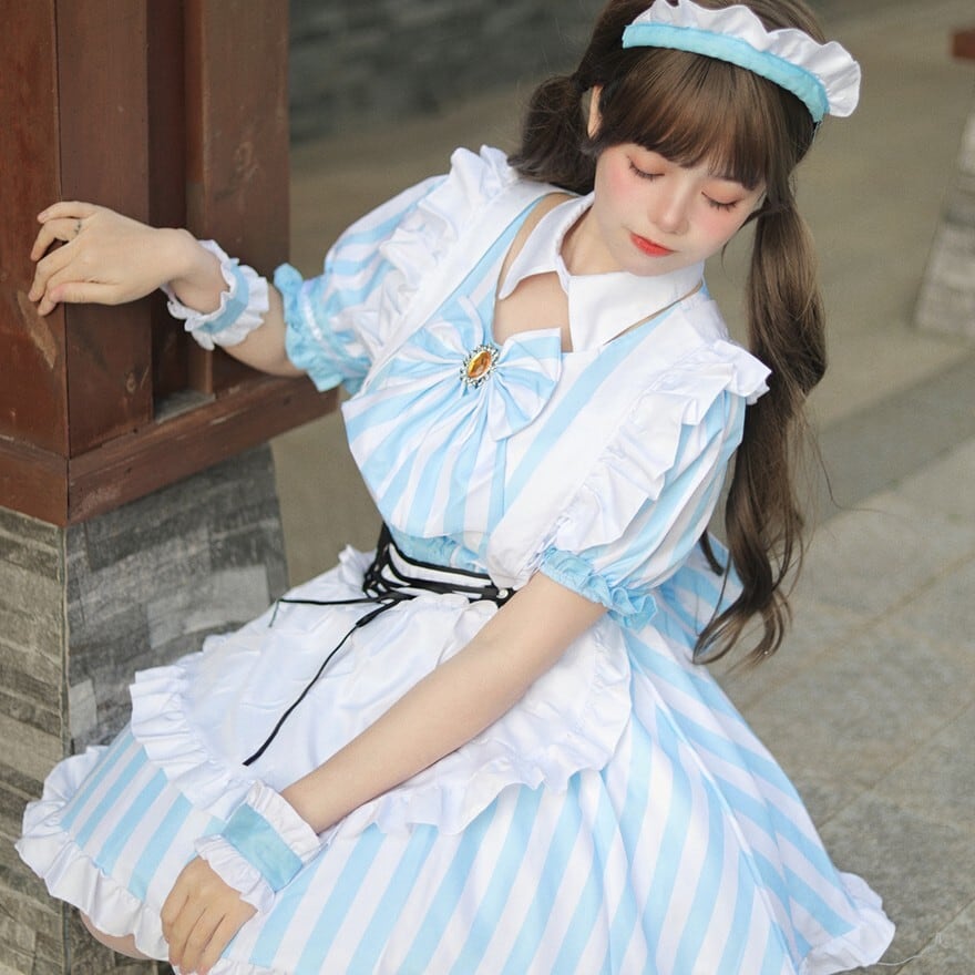 フレンチメイドワンピース アリス風 ライトブルー ストライプ ｜WithU