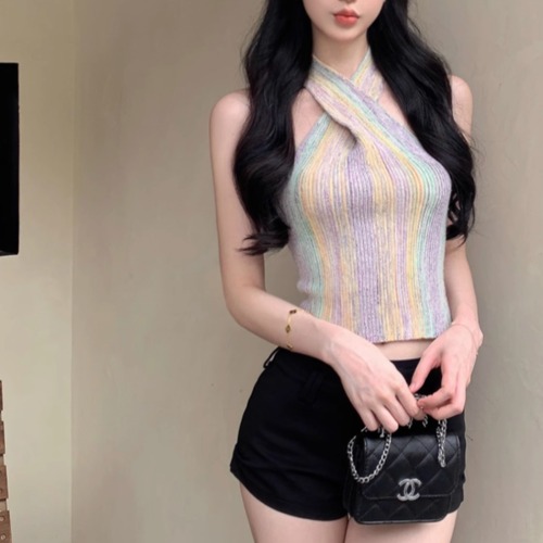 クロスネックレインボーリブニットトップス ・10301