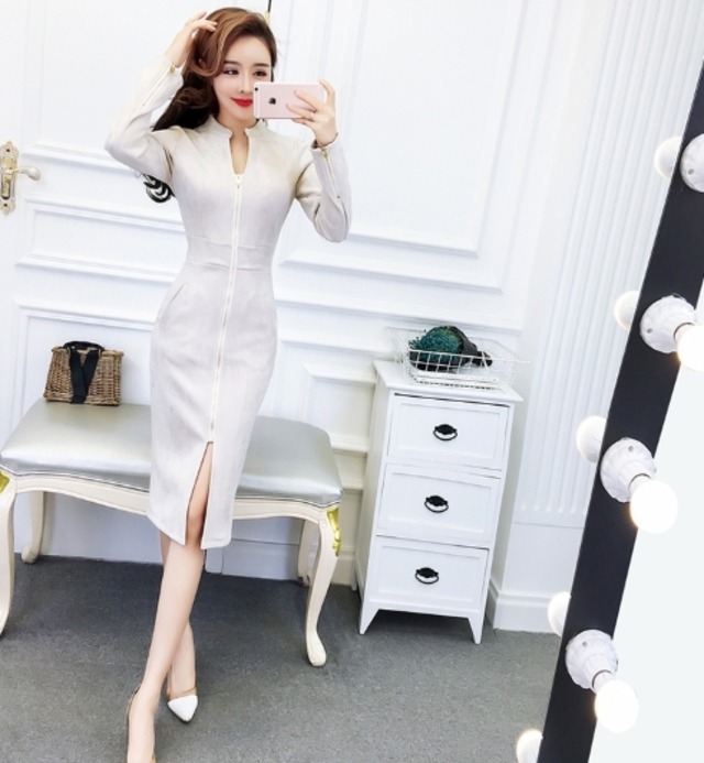 フェイクスエード フロントzip ワンピース タイトワンピース 膝丈 ぐるぐる