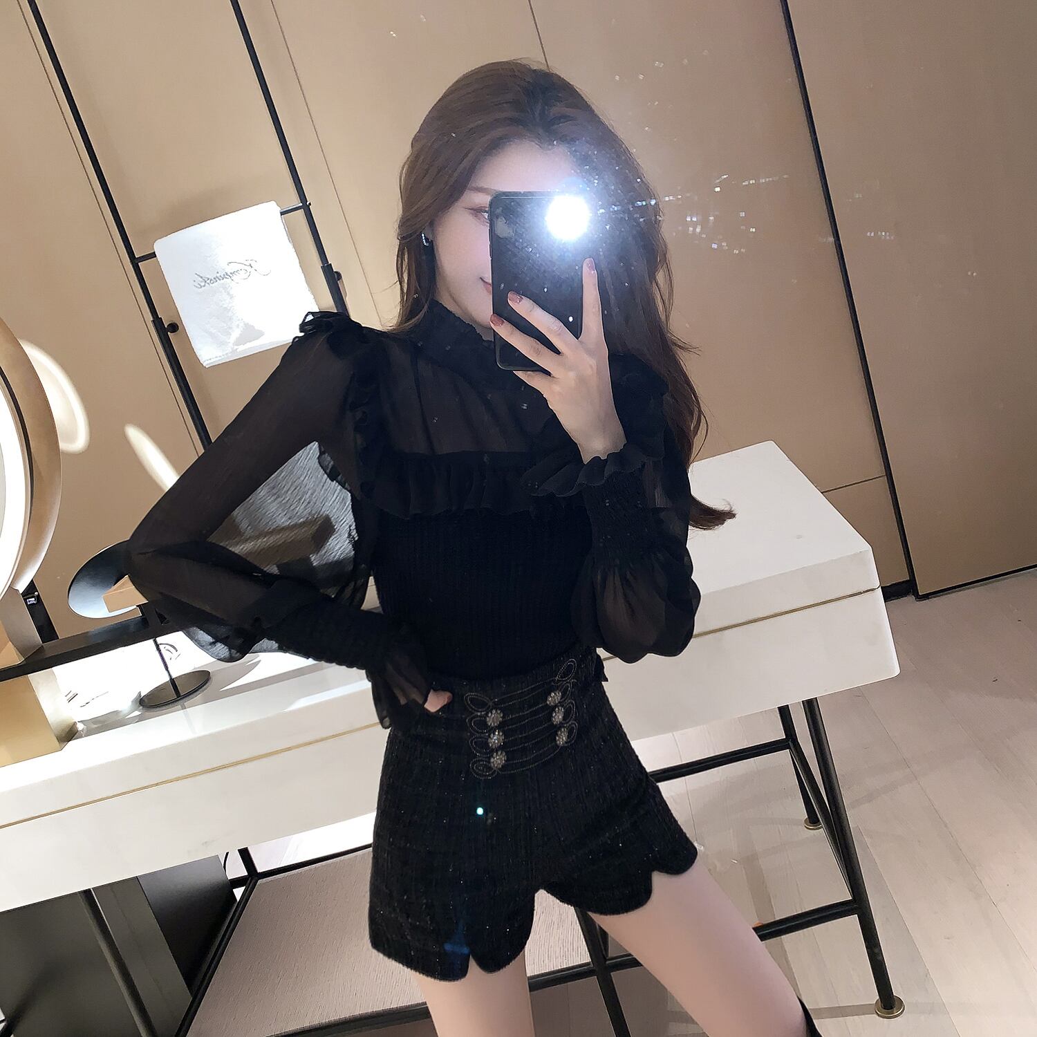 スタンダードスタイルシフォンシャツ スプリングツィードショーツ レトロ ストリート 春物 ブルマー 6Du_Shop_Women56631273158