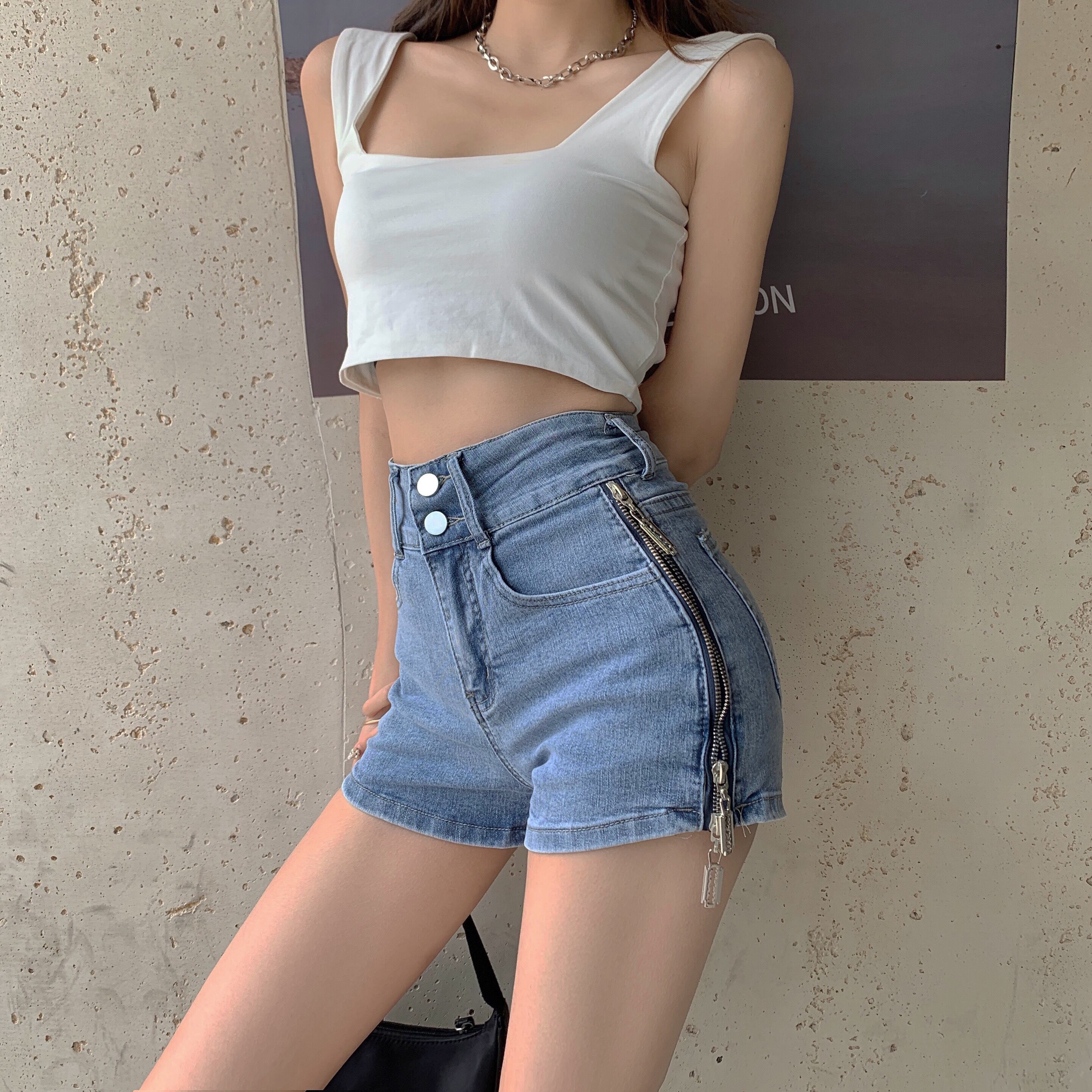 サマースタンダードハイウェストウェストジッパーショーツ 薄手パンツ レトロ 夏物 ブルマー ドラファッションホール86933702788