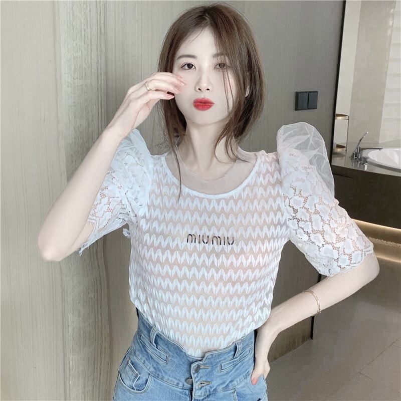 メッシュスリーブレースシャツ レディースラウンドネック薄手トップス ランタンスリーブ Oネック ステッチ ハンチェンe88043400894