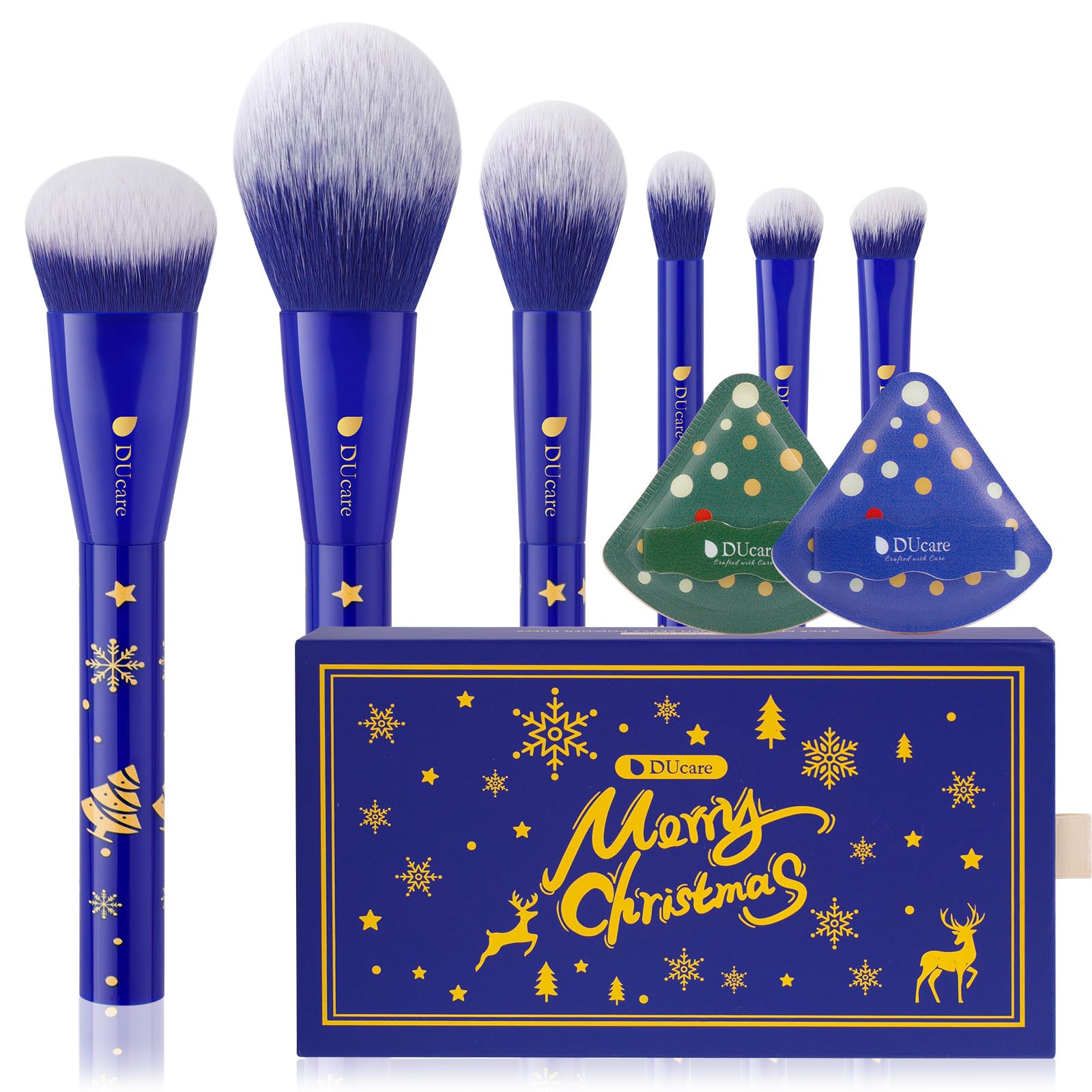 【数量限り】DUcare メイクブラシ 6本セット +クッションパフ クリスマス化粧ブラシ 化粧筆 ファンデーションブラシ アイシャドウブラシ フェイスブラシ 厳選した極細毛をたっぷり使用 メイク道具 プレゼント ブルーM0605