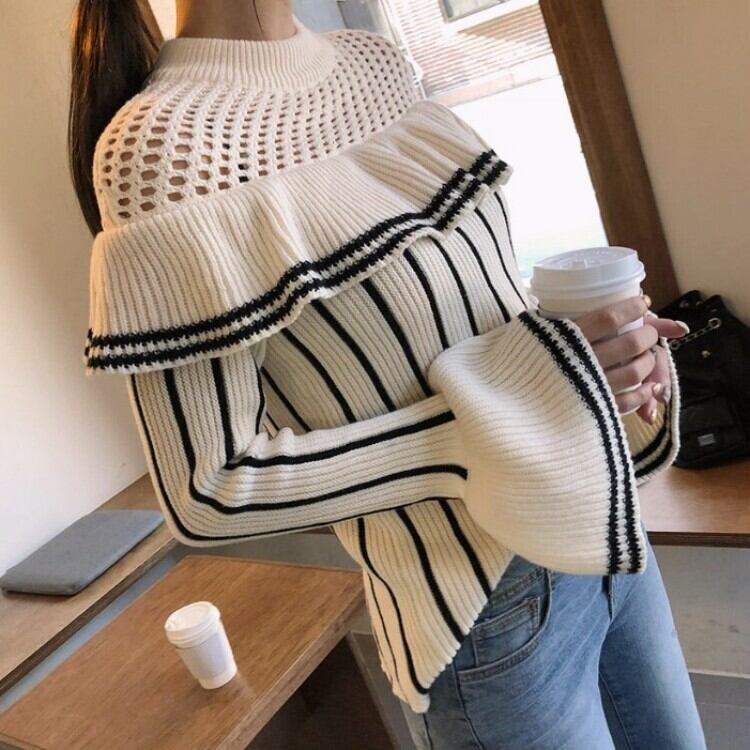 【tops】ストライプ柄フレアスリーブニットセーター N2119