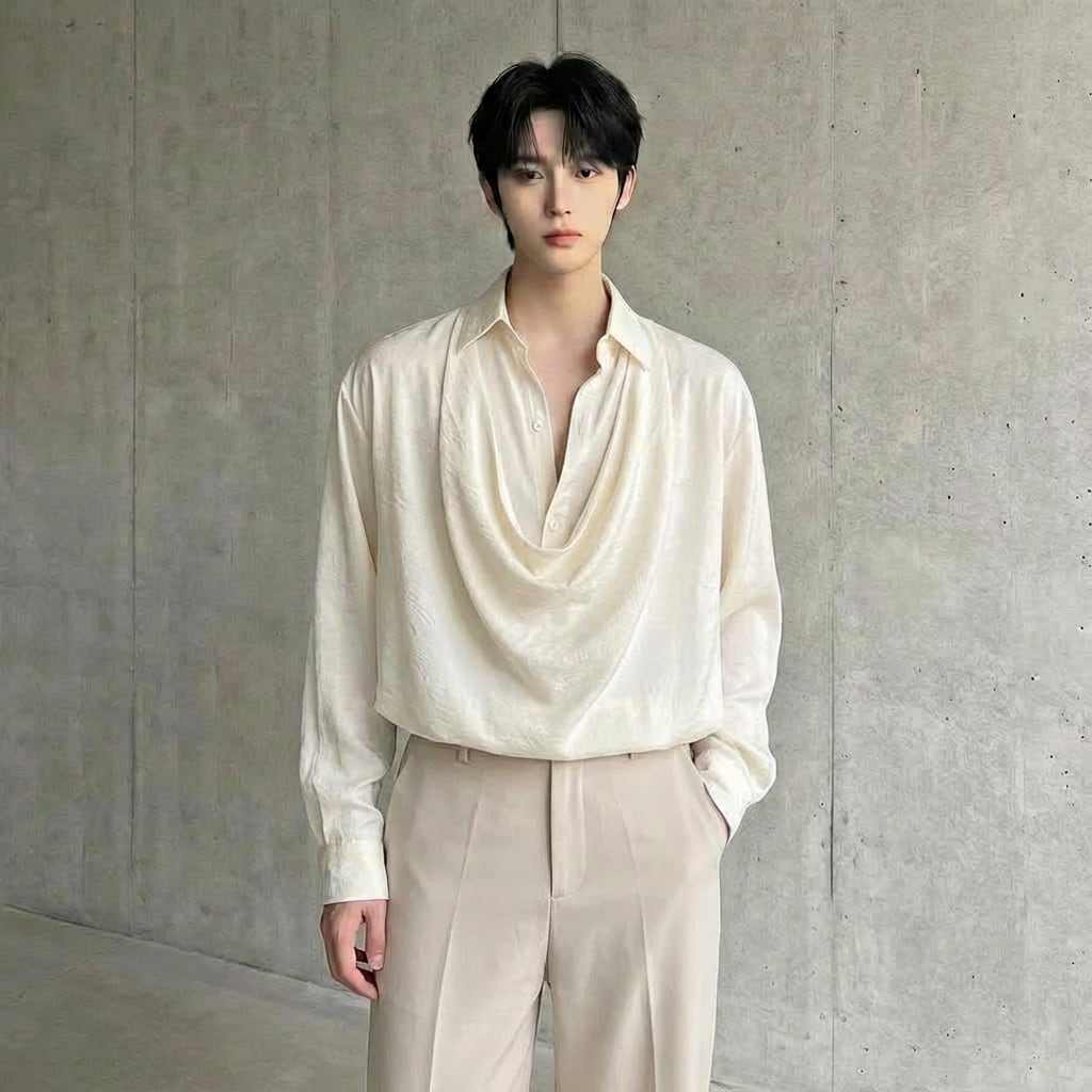 カウルネック レイヤード風ルーズドレープシャツ D11805