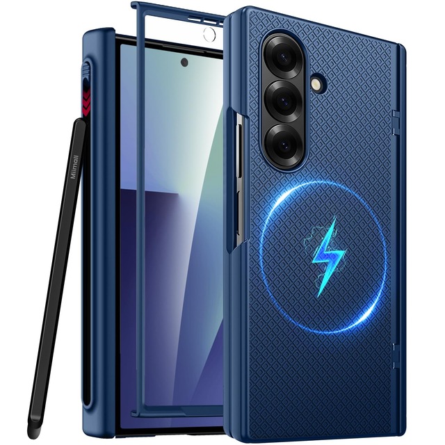 [ペン付き] Miimall for Galaxy Z Fold 7 ケース ペン収納スロット Magsafe対応 ガラスフィルムあり ギャラクシーZ フォールド7 用全面保護カバー ヒンジ保護 マット仕上げ 衝撃防止 滑り止め 頑丈 ハードケース ブルー