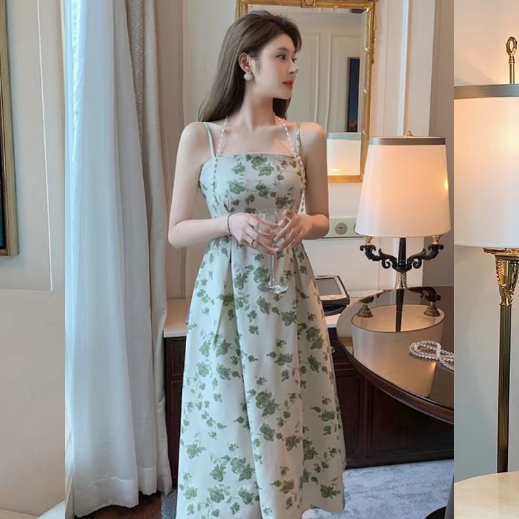 【新作】【送料無料】 シーサイドバケーションパールホルターネックサスペンダードレスフレンチレトロ花柄ミドルドレス女性の夏のニッチデザイン 0284385624440