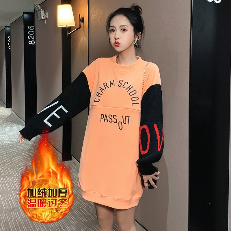 【新作】【送料無料】 マタニティウェア2019冬新作プラスベルベットパッド入りドレス、ルーズミドル丈ナーシングスカートのセーターステッチ-アリババ ウィンター 冬物 expec227151528888