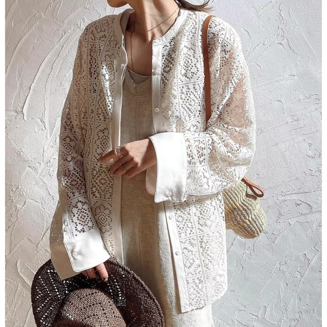 2col.透かし編み　スタンドカラーロングスリーブシャツ　S0293