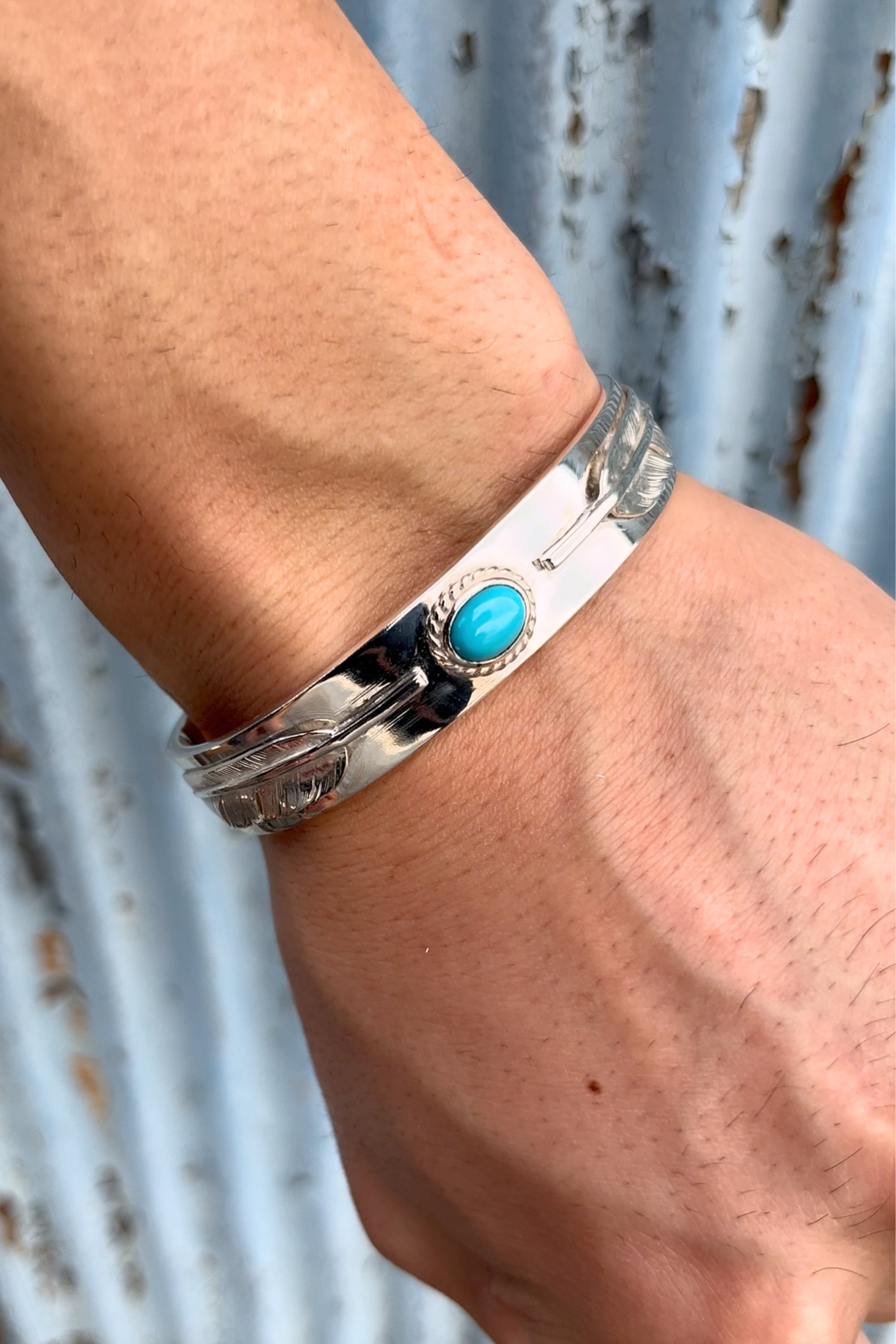 銀縄ターコイズ付フェザー平打ブレス