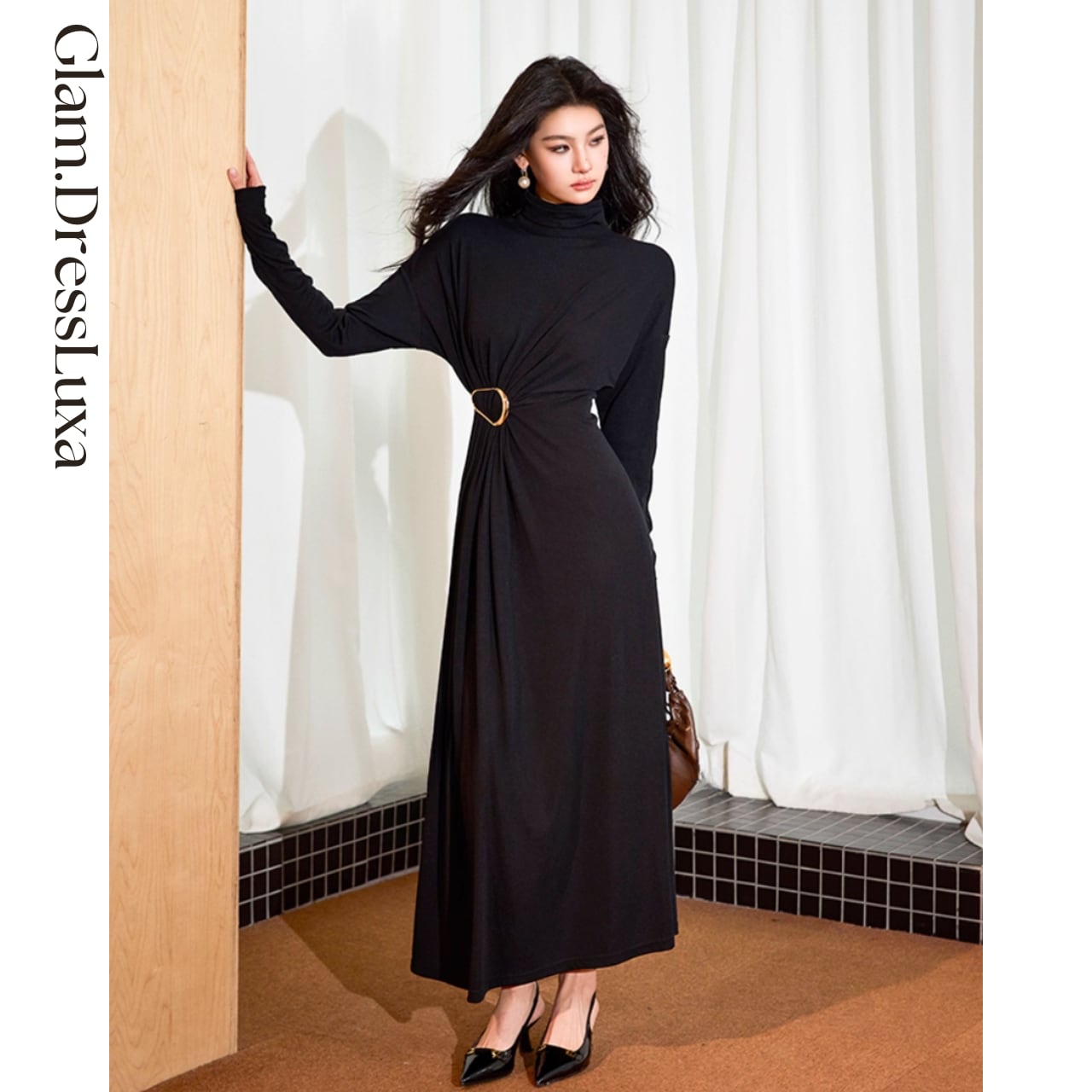 ハイネック ウエストデザイン longワンピース_W963
