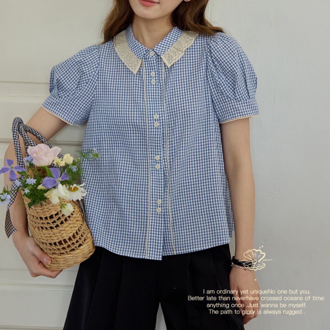 lace collar gingham puff sleeve blouse
