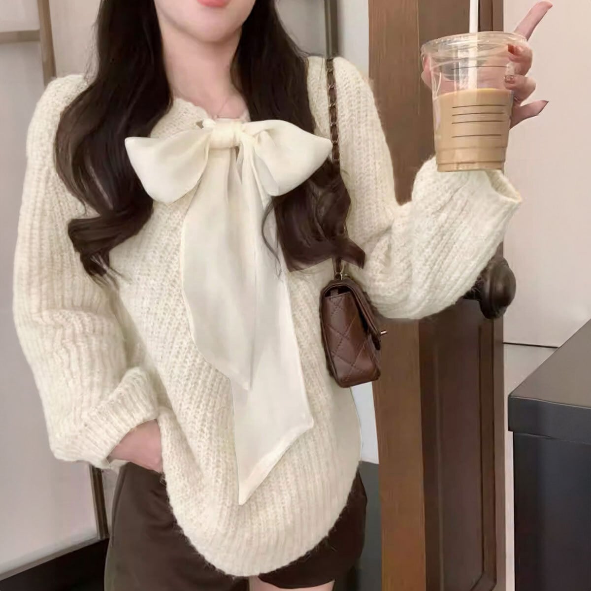 ビッグリボン ニット 長袖 トップス レディース 春秋冬 韓国 前後2way きれいめ 大人 かわいい おしゃれ フェミニン カジュアル ゆったり ローケージニット セーター 体型カバー 大人可愛い 大人女子