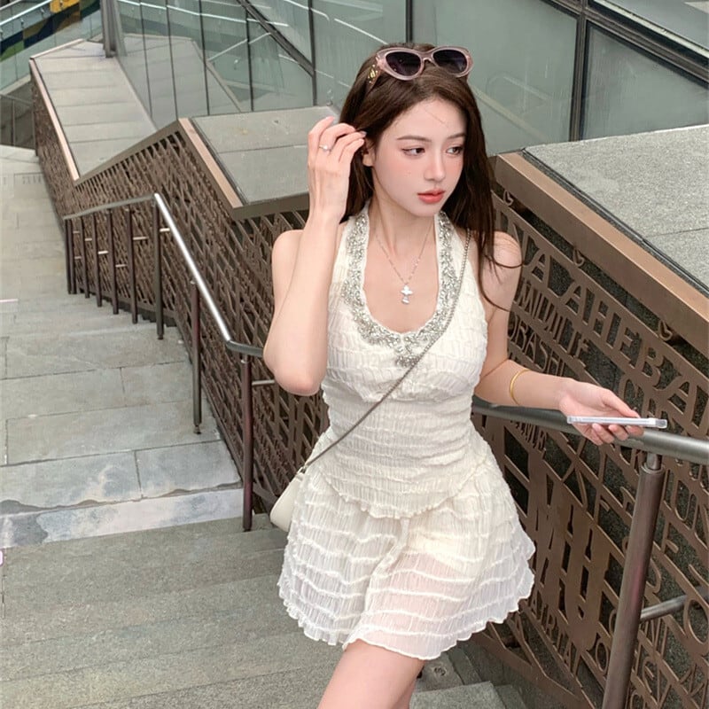 【set】ビジューホルターネックトップス×スカートセット M32657