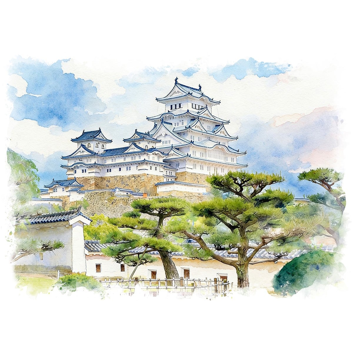 絵画 風景画 日本の城 兵庫県姫路城 インテリアアート額付き 水彩画