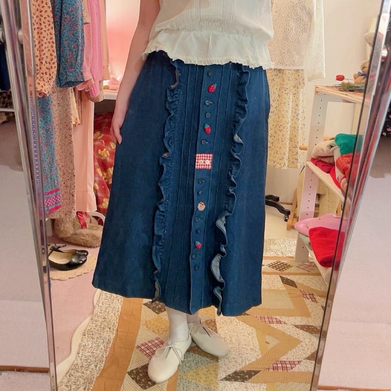 remake ✂︎ strawberry picking denim frill skirt