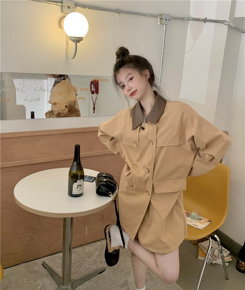 オータムレザーカラーカーキロングコート ジャケット 秋物 ステッチ モンロー88780094195