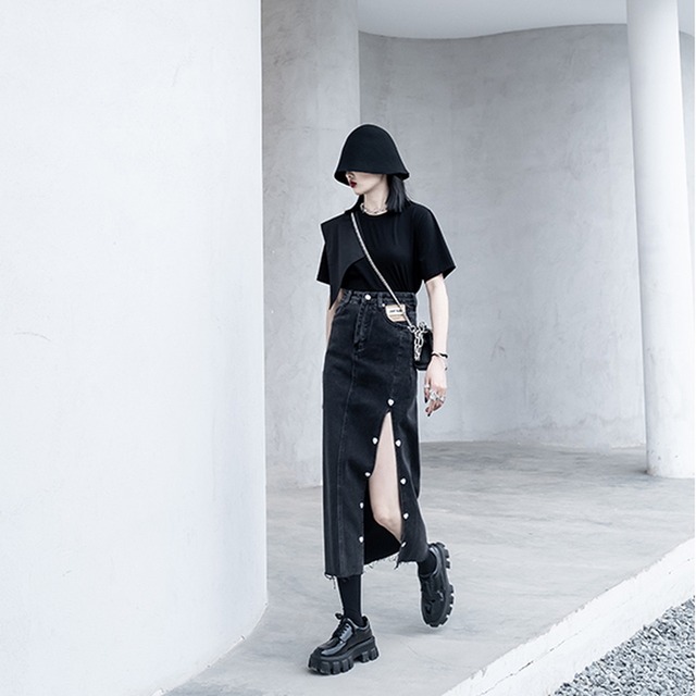 モード系 春夏服 ロングスカート デニム 切りっぱなし サイドスリット 美脚 大人きれい ハイウエスト 黒ゴス おしゃれ ストリート系 オルチャン 10代 代 モード系ファッション専門店 With U
