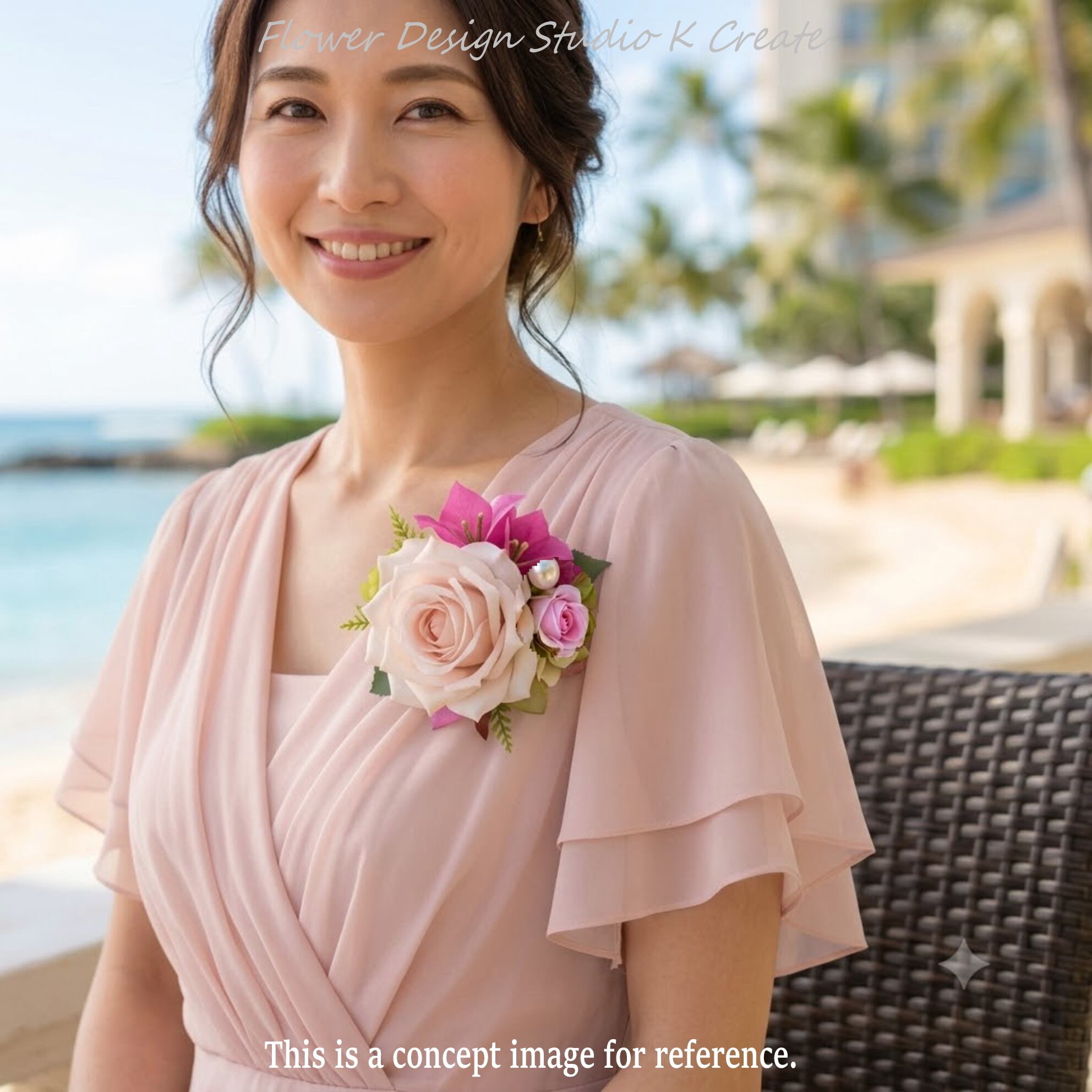 パウダーピンク薔薇の夏コサージュ|リゾ婚・夏の結婚式に|ピンク・ブーゲンビリア・フォーマル・パール・紫陽花・2way