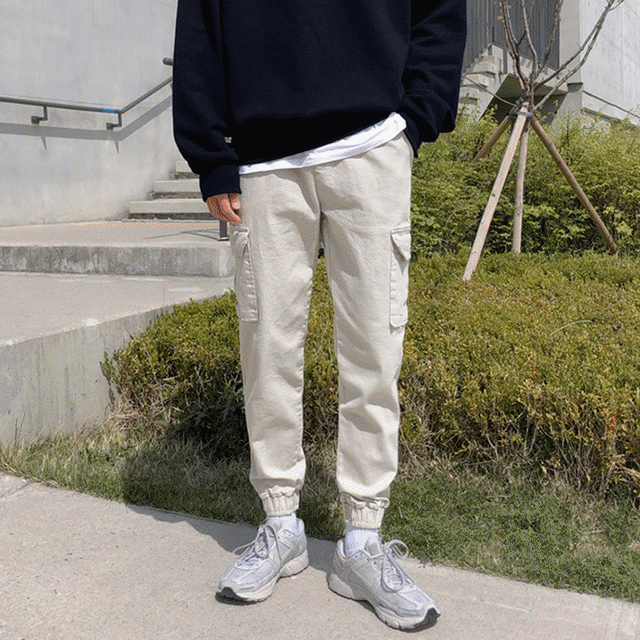 スリム スウェット ポケット付き パンツ ジャージ メンズファッション 韓国 アイボリー ブラック