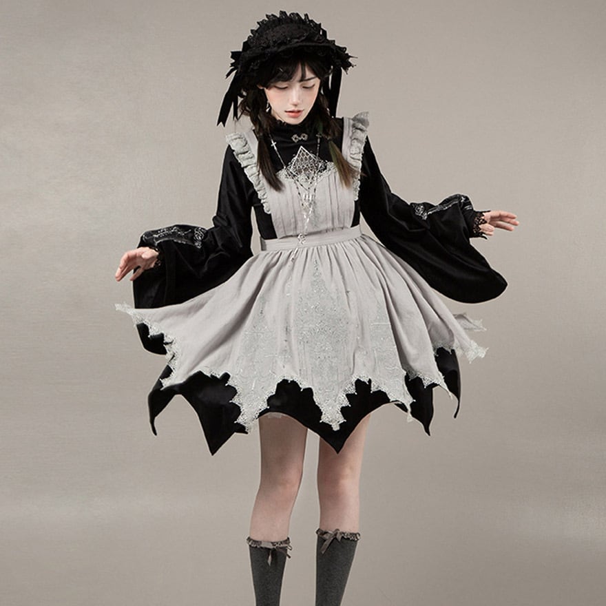 ゴスロリ 5点 セット ストライプブラウス ミニJSK フリル袖 黒白