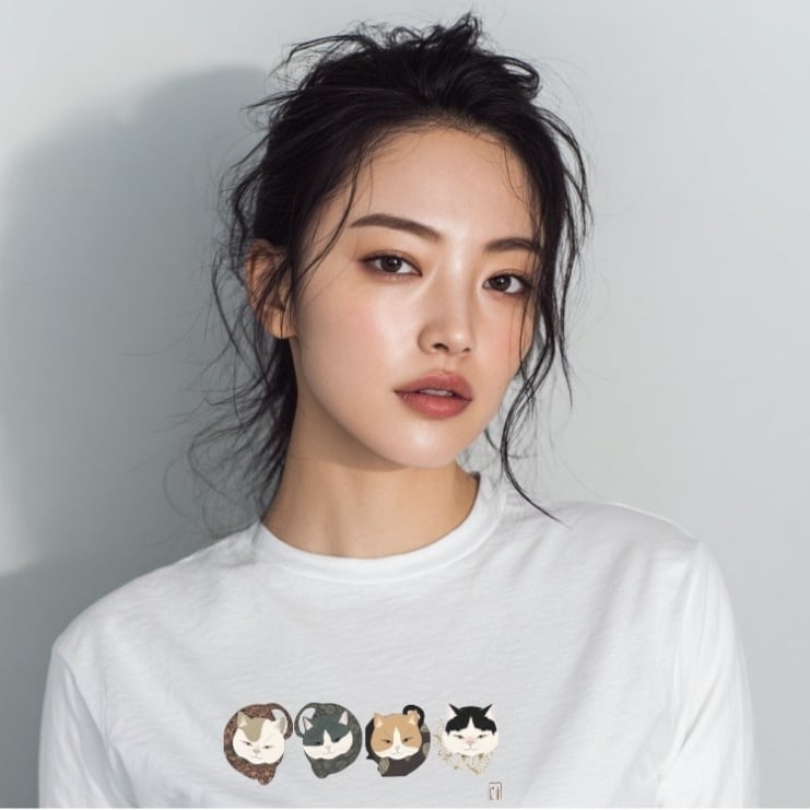 「江戸猫の四猫衆」ロングTシャツ リブ付 /"Four Edo Cats" Long Sleeve T-Shirt with Ribbed Detail