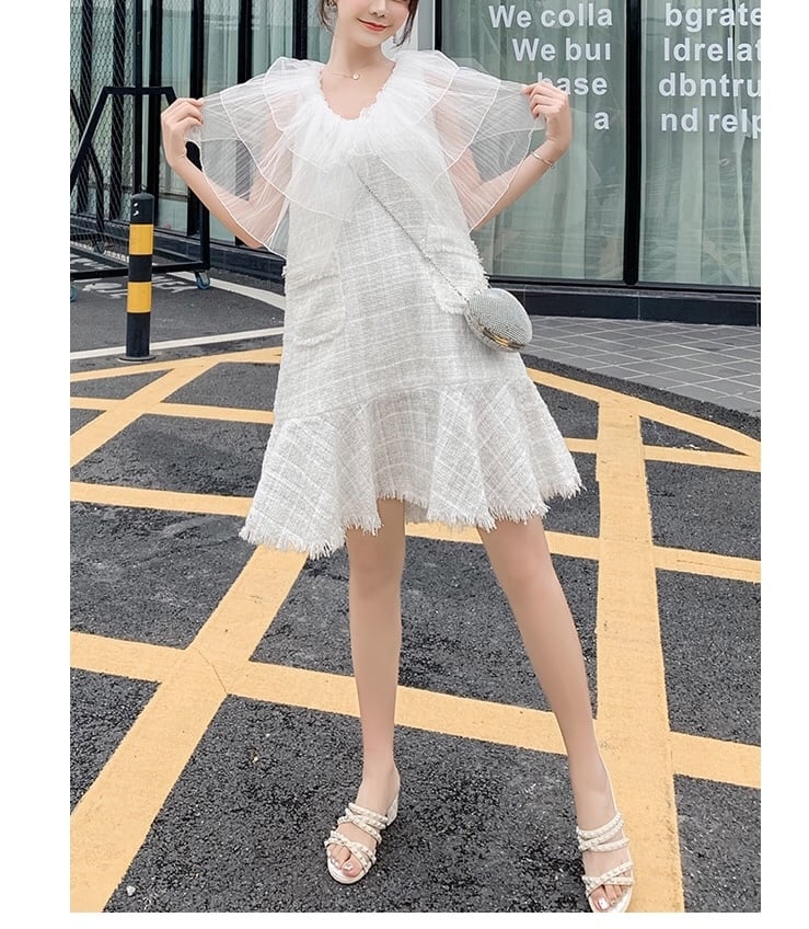 ホワイト 白 ミニスカ ワンピース レース フリル 襟 ノースリーブ