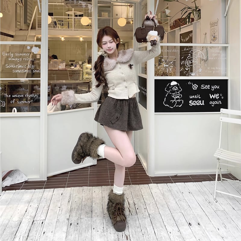 【set】ネックファーニットカーディガン×チェック柄スカートセット Q7189