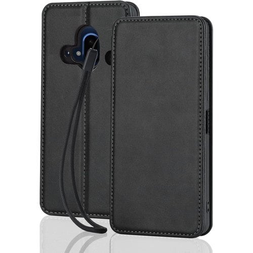 らくらくスマートフォン F-52B ケース 手帳型 革 ストラップ 内蔵マグネット式 落下防止 カード収納 全面保護 スタンド機能 レトロ プレゼント適用-黒 1063