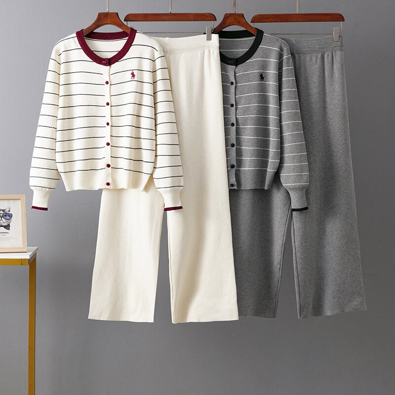 【set】ボーダー柄ニットカーデ×ワイドパンツセット M33289