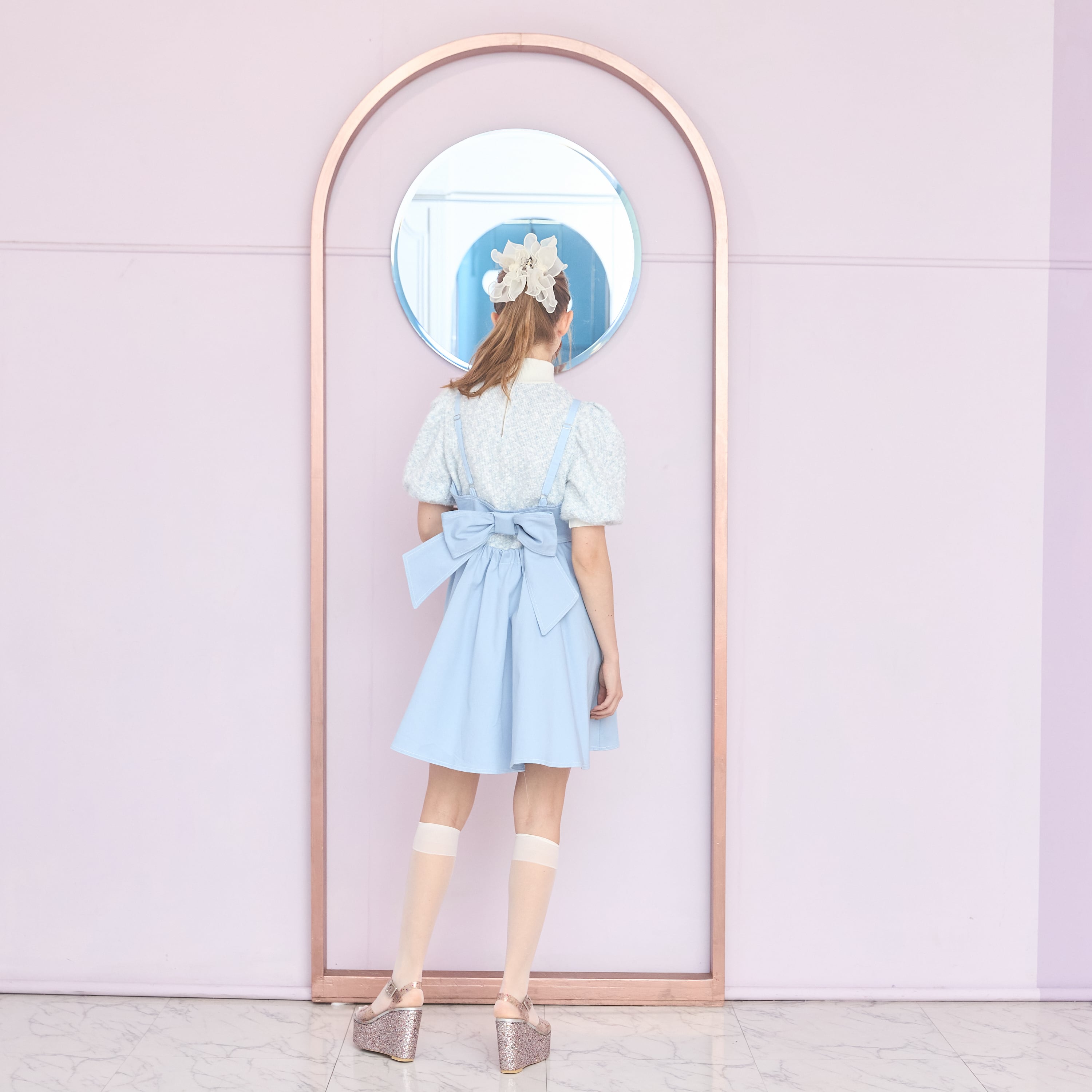 lilLilly♡リルリリー♡バックリボンデニムパフドレスワンピース lilLilly♡リルリリー♡バックリボンデニムパフドレスワンピース